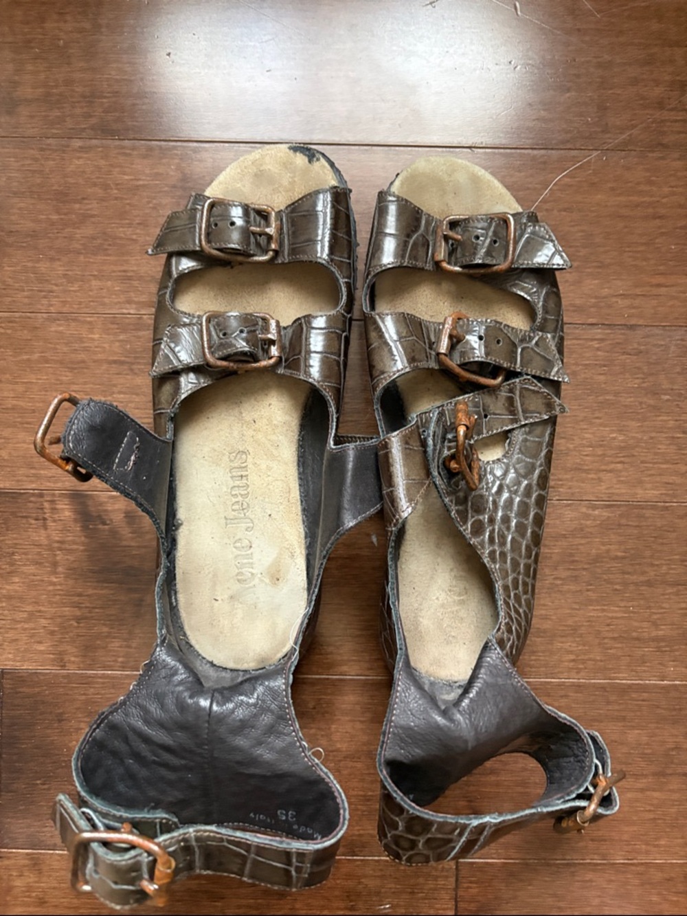 Acne Croc-Textured Dark Brown Multi-Buckle Sandals